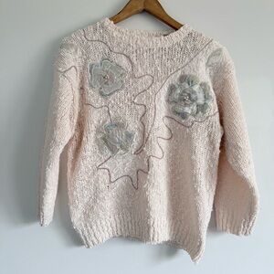Vintage Pale Pink Floral-Appliqué Crewneck Sweater